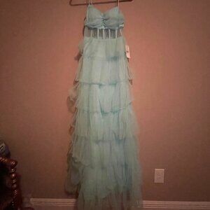 Next/UP Size 1/2, Baby Blue, Illusion Lace Corset, Tulle Ruffle Tiered Ball Gown